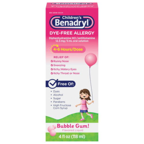 Benadryl Allergy, Dye-Free, Liquid, Bubble Gum! Flavored