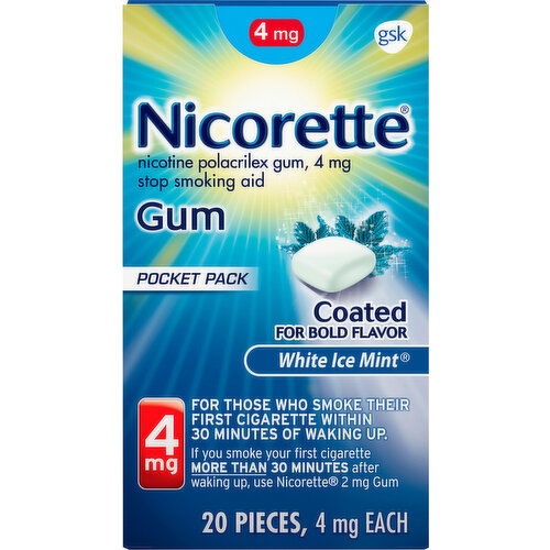 Nicorette Stop Smoking Aid, 4 mg, White Ice Mint, Gum, Pocket Pack