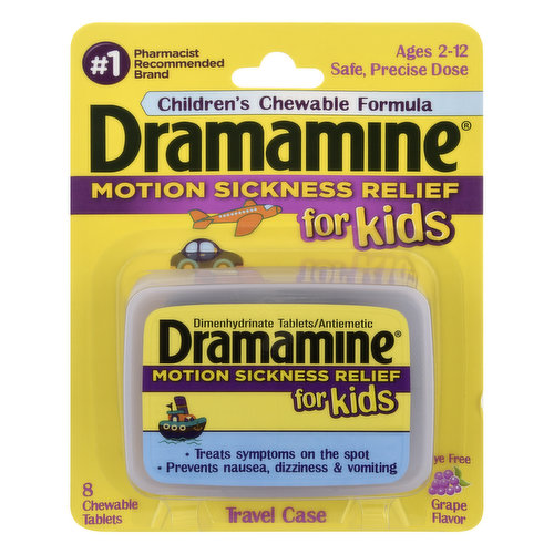 Dramamine Motion Sickness Relief, for Kids, Travel Case, Chewable Tablets, Grape Flavor