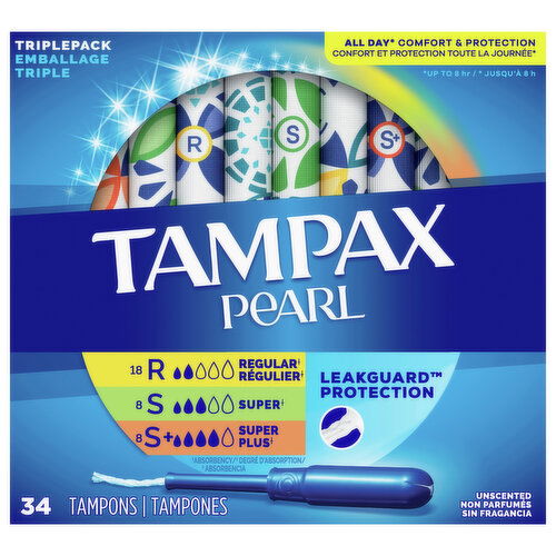 Tampax Tampons, Unscented, Regular/Super/Super Plus Absorbency, Triplepack