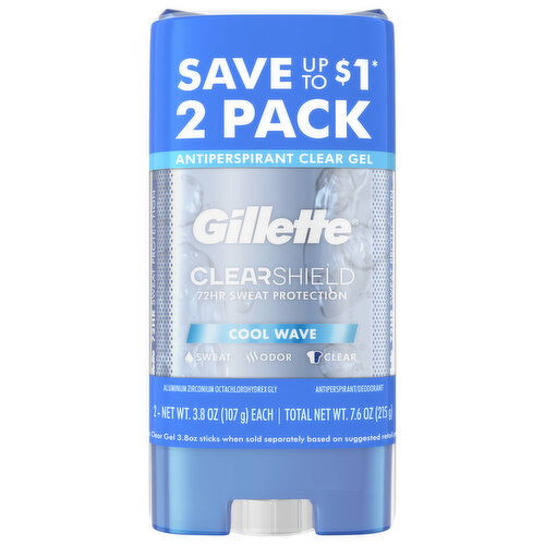 Gillette Anti-Perspirant/Deodorant, Cool Wave, Clear Gel, 2 Pack