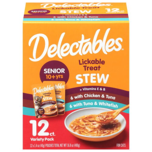 Delectables Stew Senior 10+Yrs with Chicken & Tuna/with Tuna & Whitefish Lickable Treat Variety Pack - 12 Each