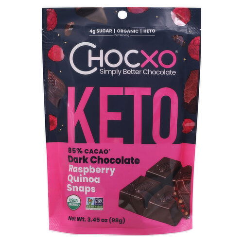 ChocXo Dark Chocolate, Keto, Organic, Raspberry Quinoa Snaps - 3.45 Ounce