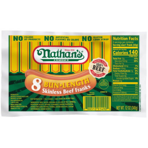 Nathan's Skinless All Beef Franks, Bun Length - 8 Each