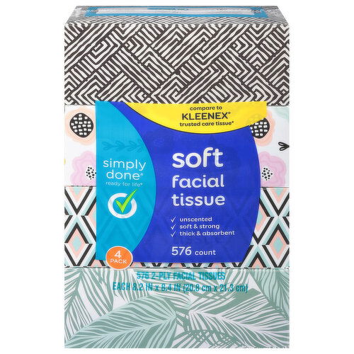 Simply Done Facial Tissue, Soft, 2-Ply, 4 Pack