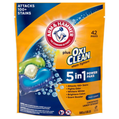 Arm & Hammer Laundry Detergent, Concentrated, Stain Fighters, Fresh Scent, 5 in 1, Power Paks