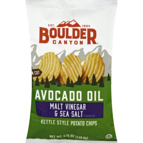 Boulder Canyon Potato Chips, Kettle Style, Malt Vinegar & Sea Salt Flavored, Avocado Oil - 5.25 Ounce