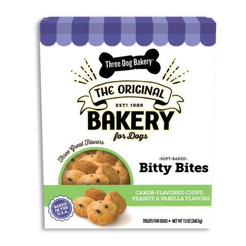 Three Dog Bakery Treats For Dogs, Carob Flavored Chips, Peanut & Vanilla Flavors, Bitty Bites, Soft Baked