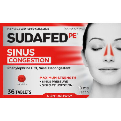 Sudafed PE Sinus Congestion, Non-Drowsy, Maximum Strength, 10 mg, Tablets