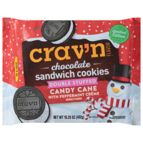 Crav'n Flavor Sandwich Cookies, with Peppermint Creme, Candy Cane, Double Stuffed