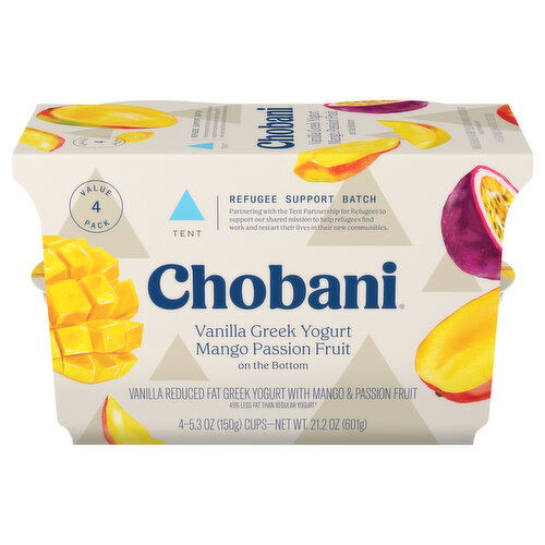 Chobani Yogurt, Greek, Reduced Fat, Vanilla, Mango Passion Fruit on the Bottom, Value 4 Pack