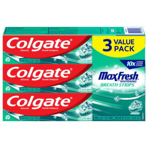 Colgate Toothpaste, with Whitening Breath Strips, Anticavity Fluoride, Clean Mint, 3 Value Pack