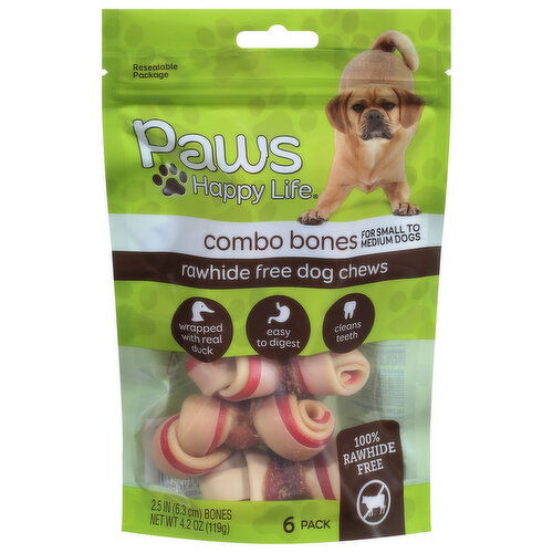 Paws Happy Life Dog Chews, Rawhide Free, Wrapped with Real Duck, Combo Bones, 6 Pack