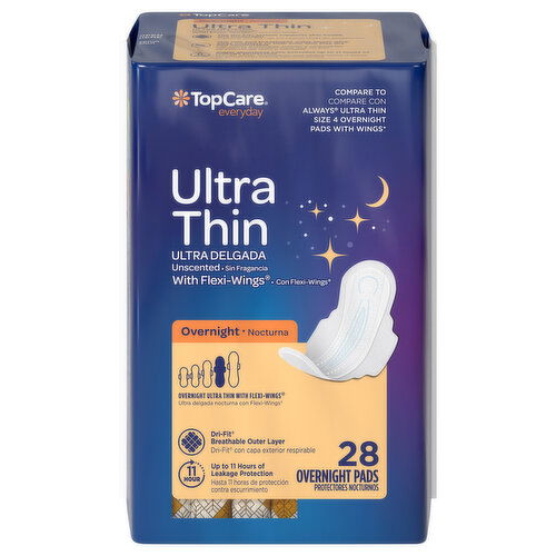 TopCare Pads, with Flexi-Wings, Ultra Thin, Overnight, Unscented