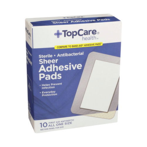 Topcare Antibacterial First Aid Antiseptic All One Size Adhesive Pads, Sheer