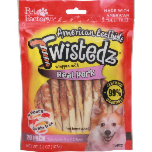 Twistedz Dog Chews, Twist Sticks, American Beefhide, Wrapped with Real Pork, 20 Pack