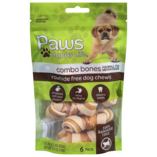 Paws Happy Life Dog Chews, Rawhide Free, Wrapped with Real Chicken, Combo Bones, 6 Pack