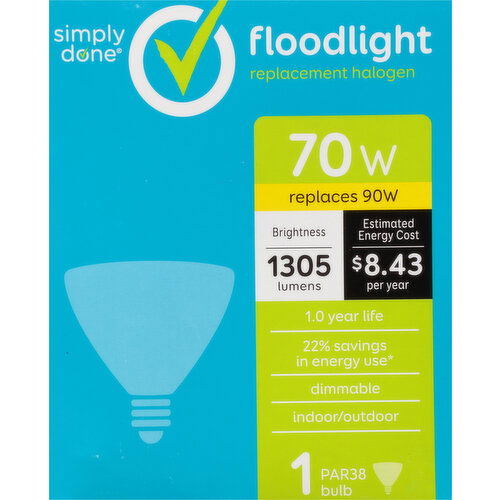 Simply Done Light Bulb, Replacement Halogen, Floodlight, 70 Watts