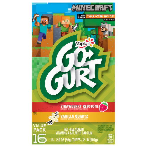 Go-Gurt Fat Free Minecraft Strawberry Redstone/Vanilla Quartz Yogurt - 16 Each