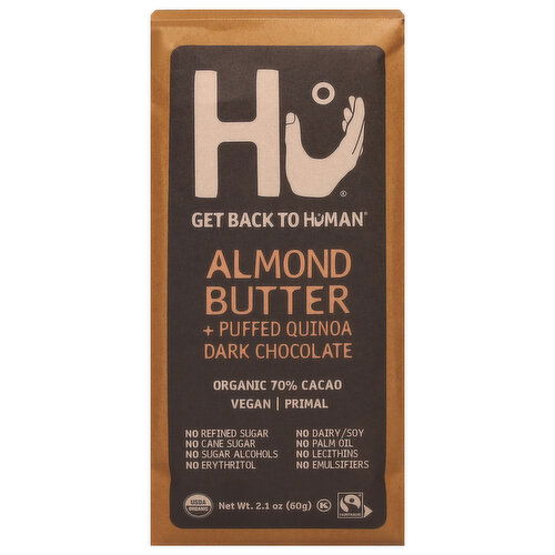 Hu Dark Chocolate, Almond Butter + Puffed Quinoa, Organic 70% Cacao