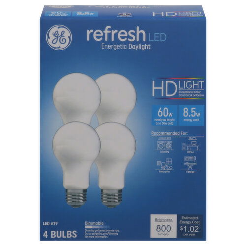 GE Bulbs, Refresh LED, A19, 8.5 Watts, Dimmable