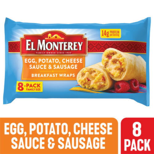 El Monterey Breakfast Wraps, Egg, Potato, Cheese Sauce & Sausage, 8-Pack Family Size