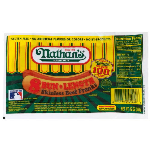 Nathan's Famous Beef Franks, Skinless, 8 Bun Length