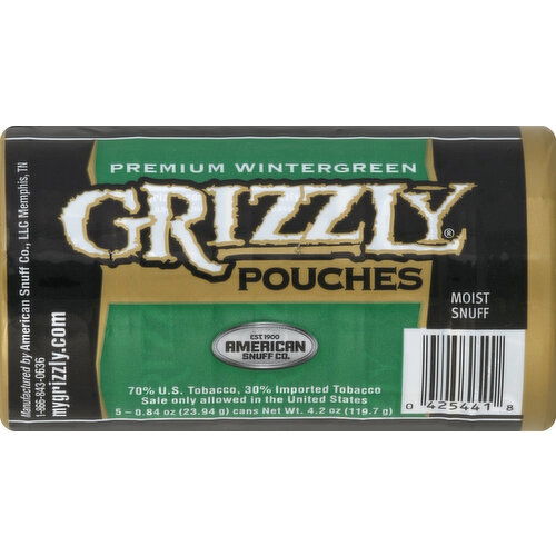 Grizzly Snuff, Moist, Premium Wintergreen, Pouches - 5 Each