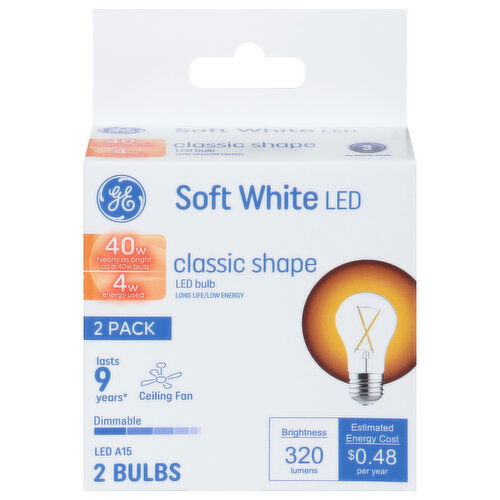 GE Light Bulb, LED, Ceiling Fan, Soft White, Classic Shape, 4 Watts, 2 Pack