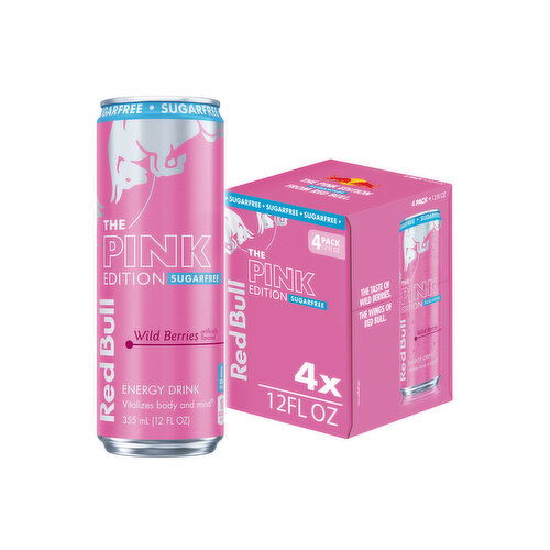 Red Bull Pink Edition Sugar Free Energy Drink, Wild Berries, with 114mg Caffeine, Taurine & B Vitamins - 4 Each