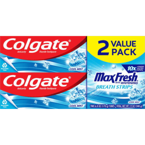 Colgate Toothpaste, Cool Mint, Breath Strips, 2 Value Pack