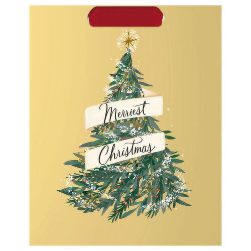 Hallmark 9" Medium Christmas Gift Bag (Gold, Evergreen Tree, "Merriest Christmas")