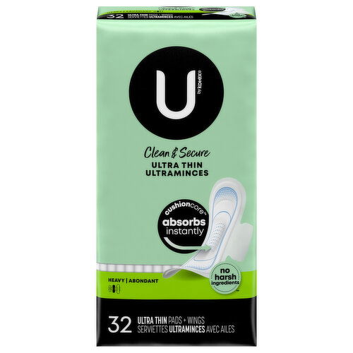 U by Kotex Pads + Wings, Ultra Thin, Heavy