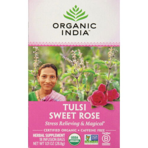 Organic India Tea, Tulsi Sweet Rose, Caffeine Free, Infusion Bags