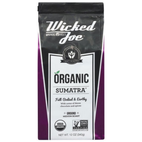 Wicked Joe Coffee, Organic, Ground, Medium Roast, Sumatra - 12 Ounce