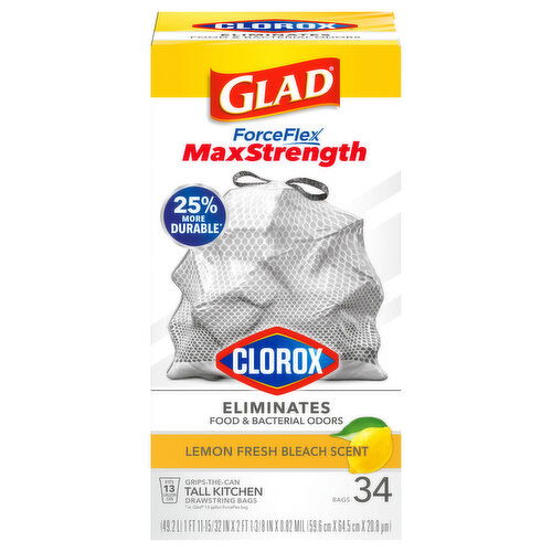 Glad Drawstring Bags, Kitchen, Tall, Max Strength, Lemon Fresh Bleach Scent, 13 Gallon