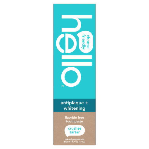 Hello Flouride Free Toothpaste, Antiplaque + Whitening, Natural Peppermint