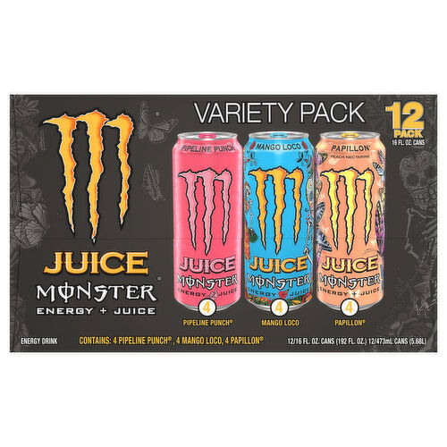 Juice Monster Energy Drink, Energy + Juice, Variety Pack, 12 Pack