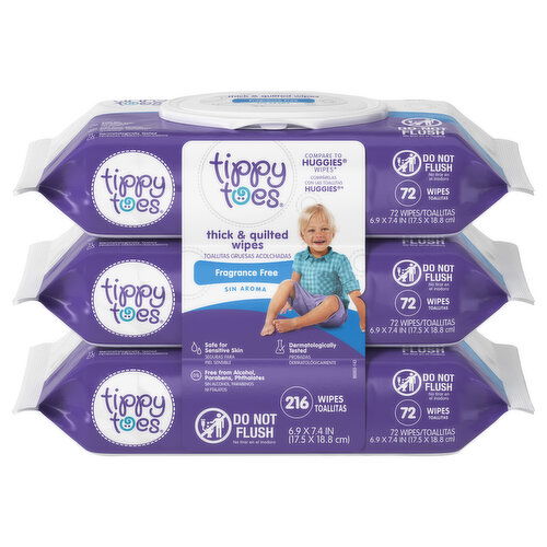 Tippy Toes Wipes, Thick & Quilted, Fragrance Free