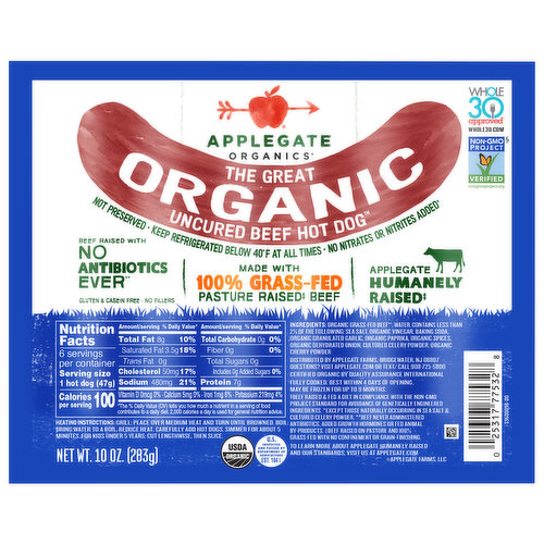 Applegate Hot Dog, Organic, Beef, Uncured