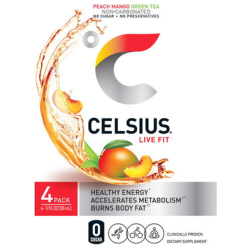 Celsius Energy Drink, Peach Mango Green Tea, 4 Pack