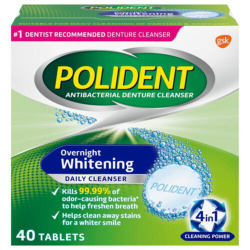 Polident Denture Cleanser, Antibacterial, Overnight Whitening, 4in1, Tablets