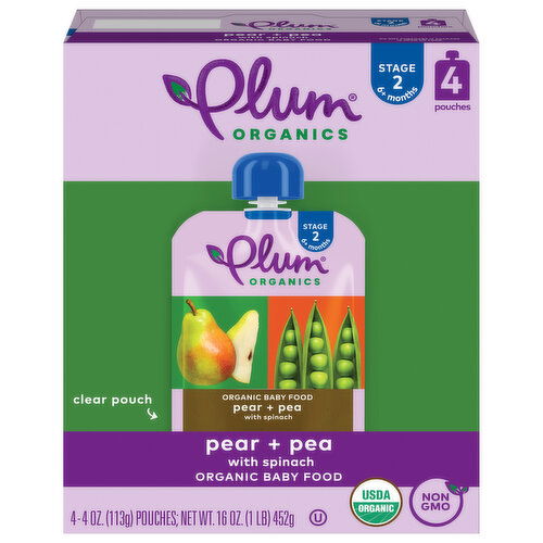 Plum Organics® Stage 2 Organic Baby Food Pear + Pea with Spinach 4oz Pouch-4-Pack