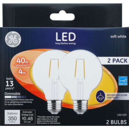 GE Light Bulb, LED, Soft White, 4 Watts, 2 Pack