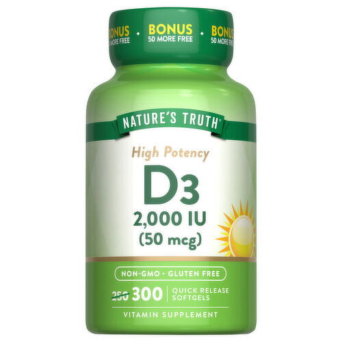 Nature's Truth Vitamin D3, High Potency, 2,000 IU (50 mcg), Quick Release Softgels