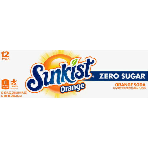 Sunkist Soda, Zero Sugar, Orange, 12 Pack