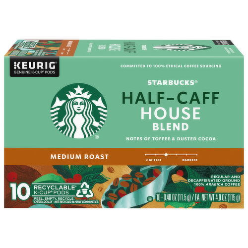 Starbucks Coffee, 100% Arabica, Ground, Medium Roast, Half-Caff House Blend, Regular and Decaffeinated, K-Cup Pods