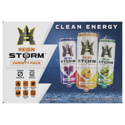 Reign Energy Drink, Harvest Grape/Valencia Orange/Kiwi Blend, Variety Pack