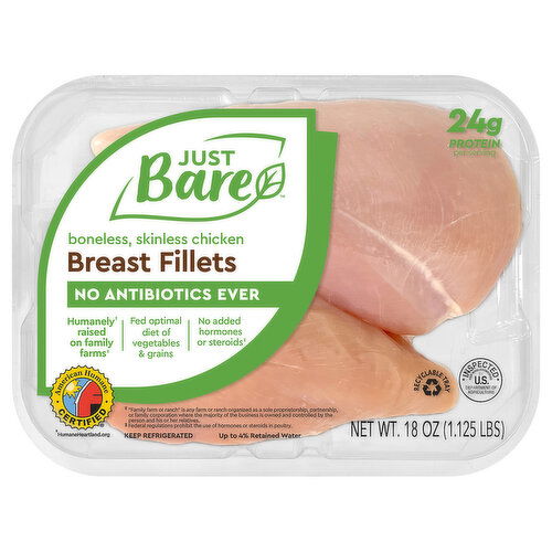 Just Bare Boneless Skinless Chicken Breast Fillets - 18 Ounce