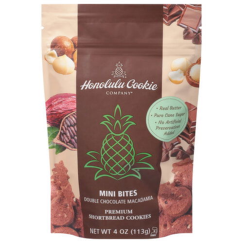 Honolulu Cookie Company Shortbread Cookies, Premium, Double Chocolate Macadamia, Mini Bites - 4 Ounce